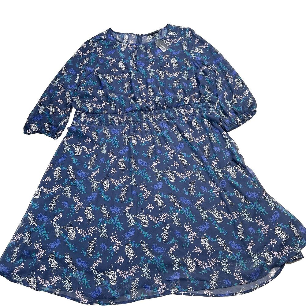 Lane Bryant Floral Midi Dress Smocked Waist Chiffon Size 28 Blue, Pink